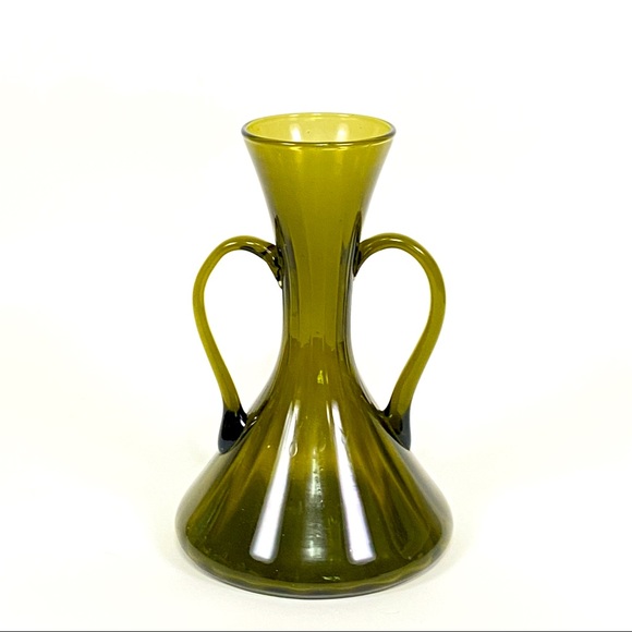 VINTAGE Green Blown Glass Double Handle Mid Century Vase - Picture 1 of 17